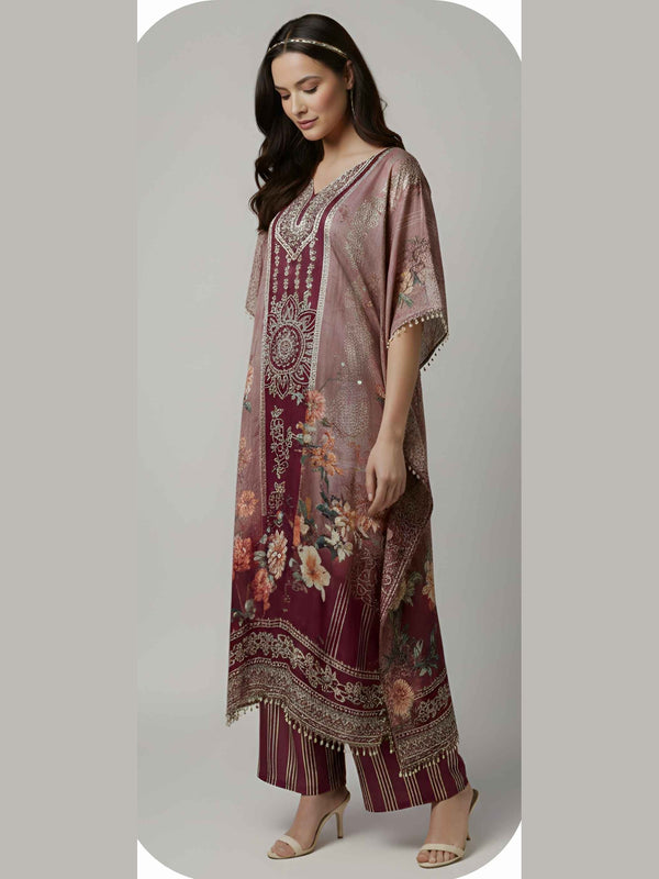 Wine Floral Designer Kaftan Suit Set for Women