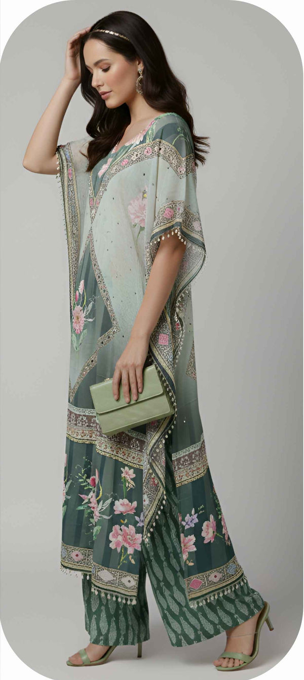 Elegant Sage Green Designer Kaftan Suit Set
