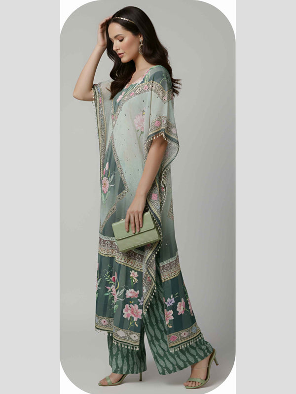 Elegant Sage Green Designer Kaftan Suit Set