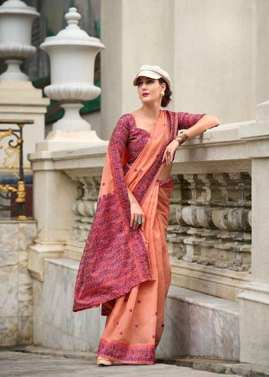 Peach Soft Linen Cotton Saree with Minakari Weaved Pallu