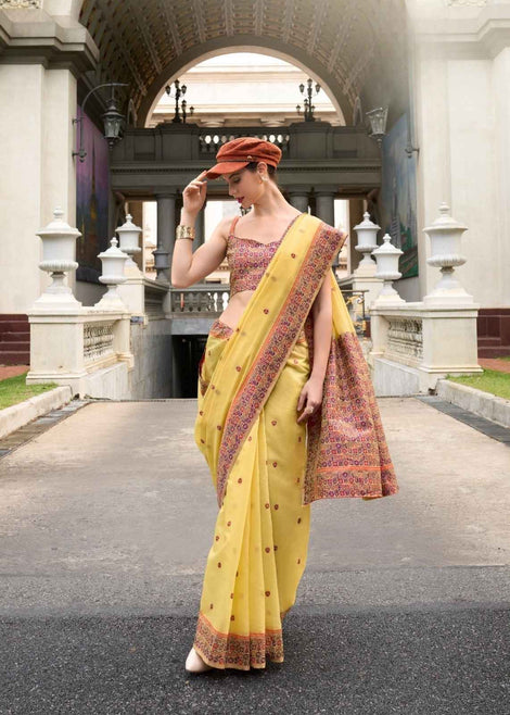 Yellow Soft Linen Cotton Saree with Minakari Weaved Pallu