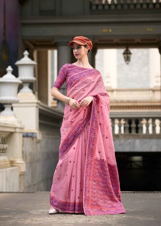 Blush Pink Linen Cotton Saree with Minakari Weaved Pallu