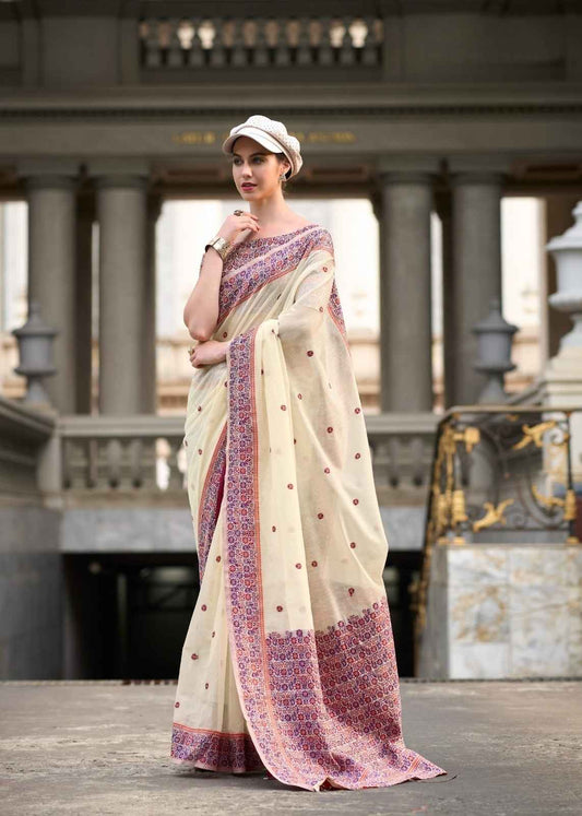 Off-White Linen Cotton Saree with Minakari Weaved Pallu