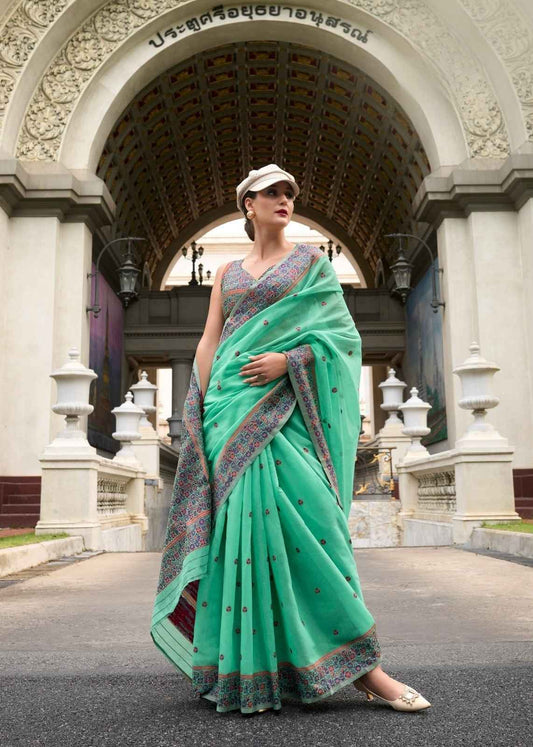 Mint Green Linen Cotton Saree with Minakari Weaved Pallu