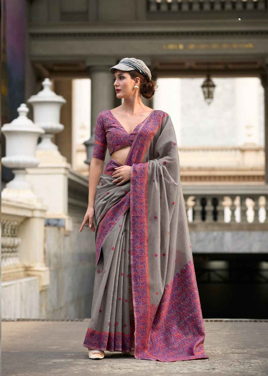 Grey Linen Cotton Saree with Minakari Weaved Pallu & Blouse