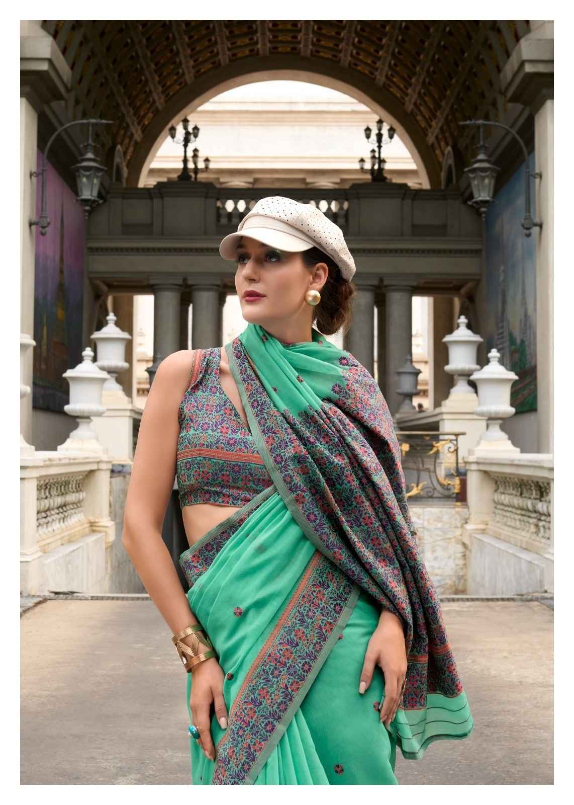 Mint Green Linen Cotton Saree with Minakari Weaved Pallu