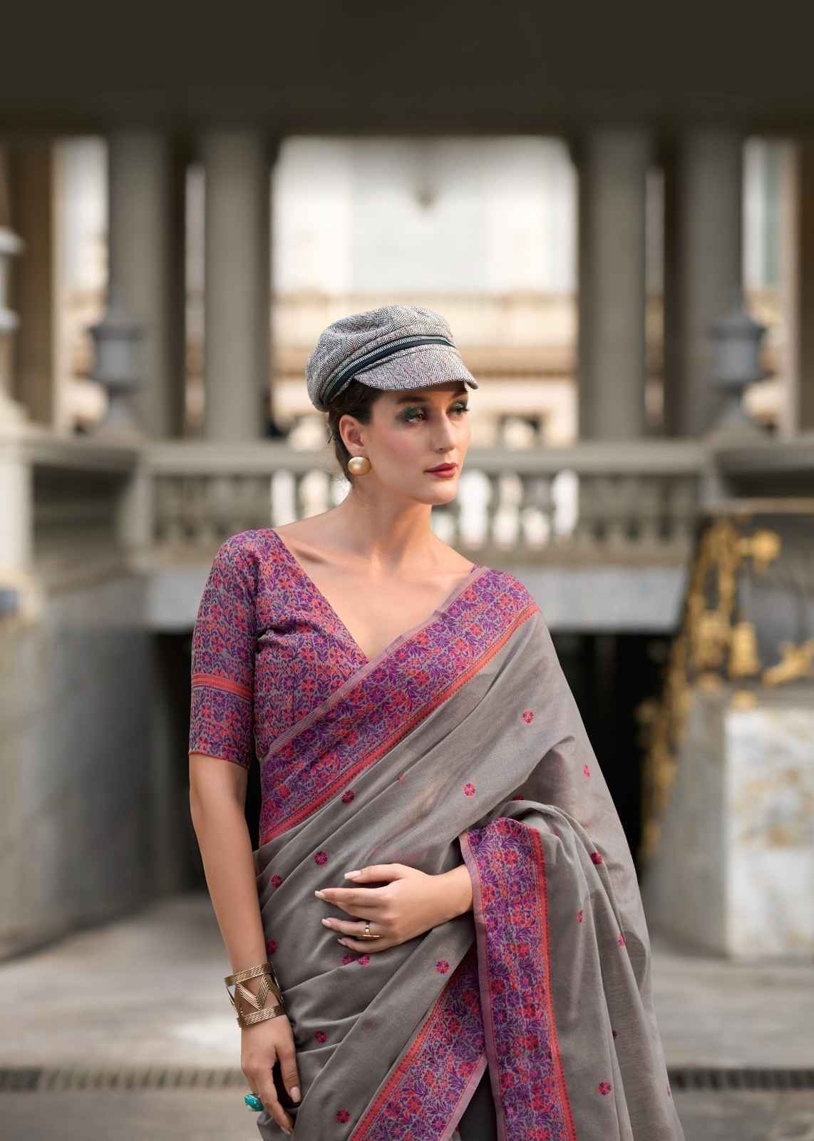 Grey Linen Cotton Saree with Minakari Weaved Pallu & Blouse