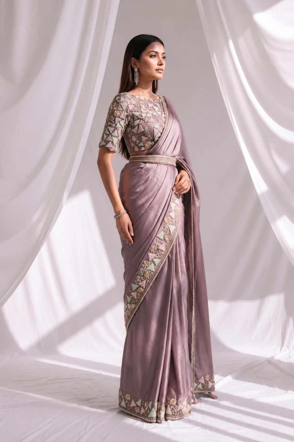 Mauve Ready to Wear Embroidered Designer Saree with Stitched Blouse