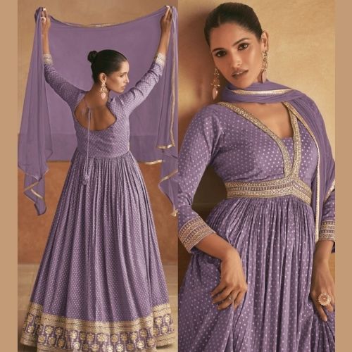 Lavender Floor Length Anarkali Gown with Dupatta – Party Wear