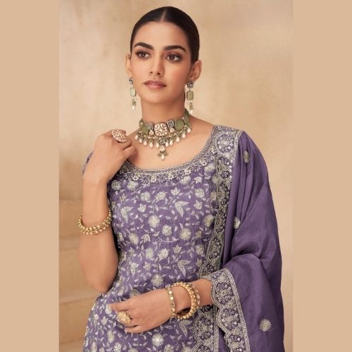 Lavender Real Simar Silk Embroidered Partywear Sharara Suit