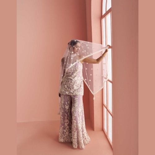 Lavender Designer Sharara Suit Partywear – Premium Net Embroidery