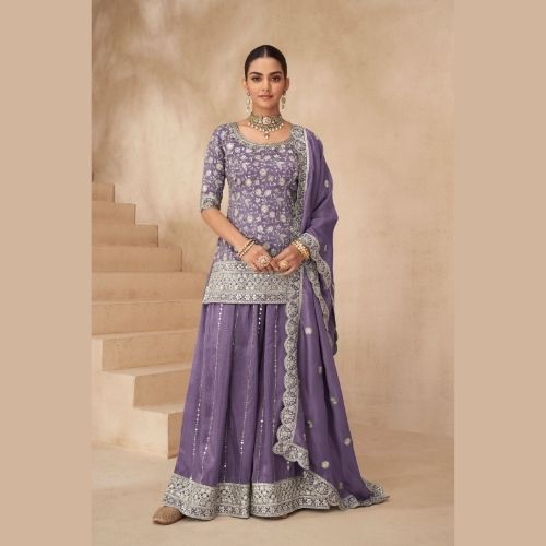 Lavender Designer Partywear Sharara Suit in Real Simar Silk