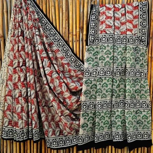 Red and Green Leaf Motif Mulmul Cotton Saree with Black Border