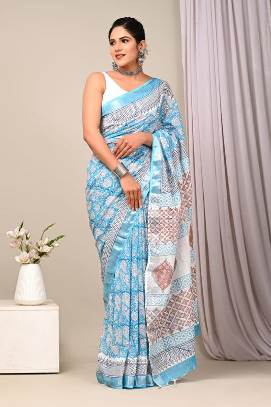 Light Blue Hand Block Printed Linen Saree with Blouse