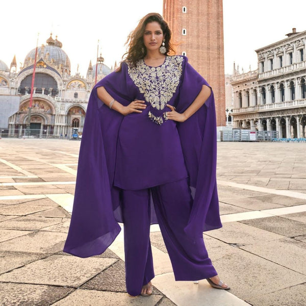 Royal Purple Hand-Embroidered Silk Kaftan Coord Set