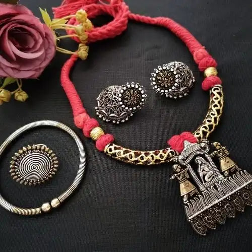 Oxidised Red Thread Tribal Necklace Set with Silver Earrings
