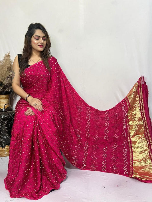 Magenta Bandhani Saree with Golden Border - Traditional Rajasthani