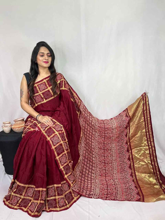 Maroon Check Modal Silk Ajrakh Handblock Printed Saree
