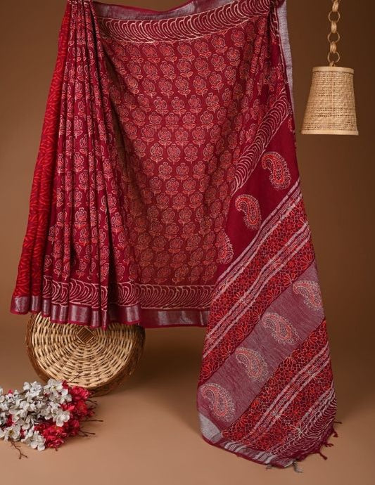Deep Maroon Hand Block Printed Linen Saree with Blouse