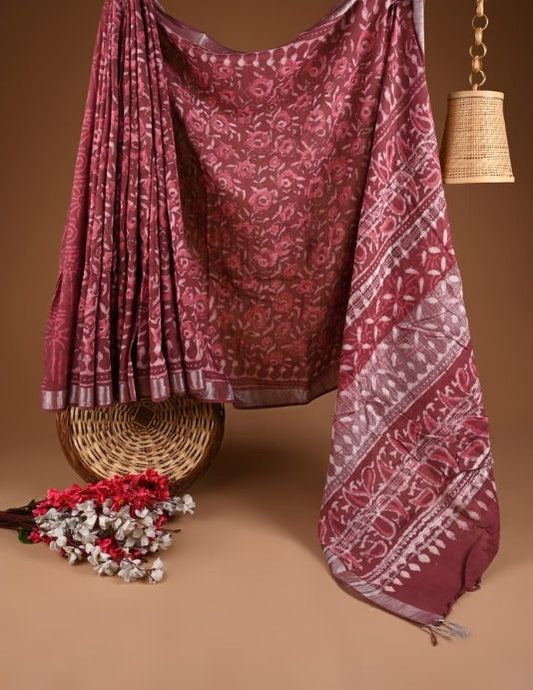 Maroon Hand Block Printed Linen Saree with Blouse Piece