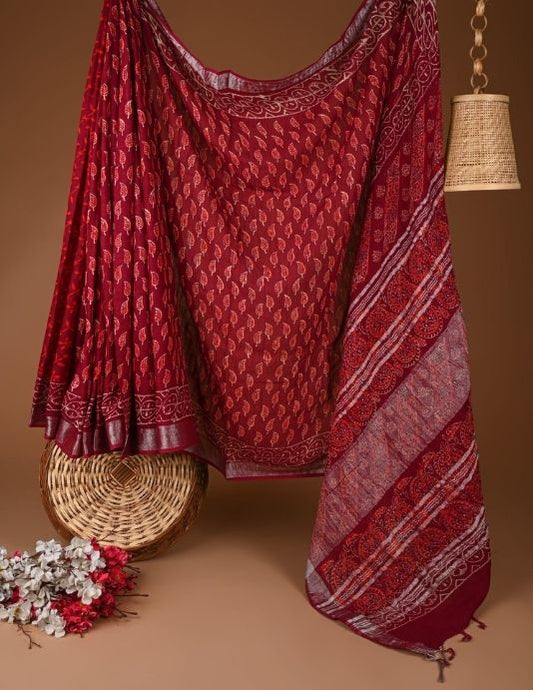 Maroon Hand Block Printed Linen Saree with Natural Dyes