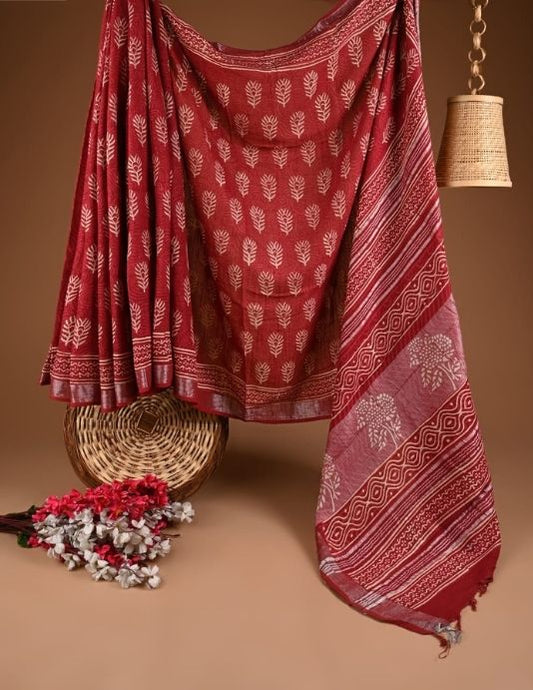 Maroon Hand Block Printed Linen Saree with Natural Dyes
