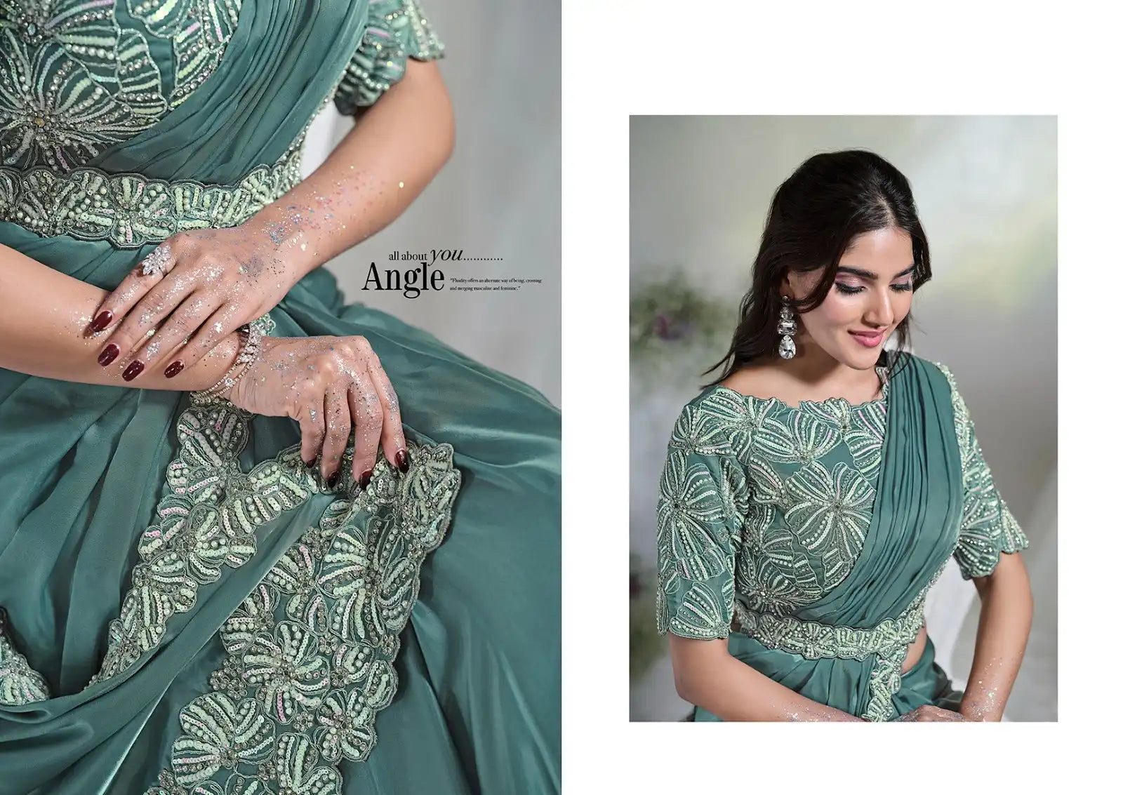 Teal Green Ready-to-Wear Satin Silk Saree with Hand Embroidered Blouse