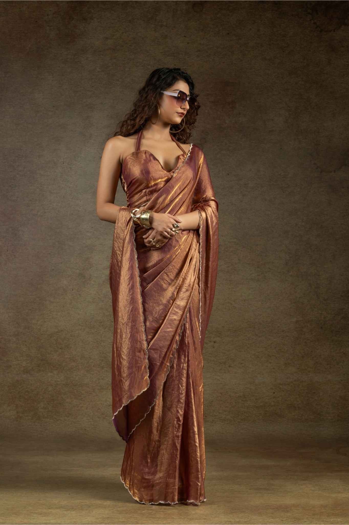 Rose Gold Metallic Satin Silk Saree with Diamond Border