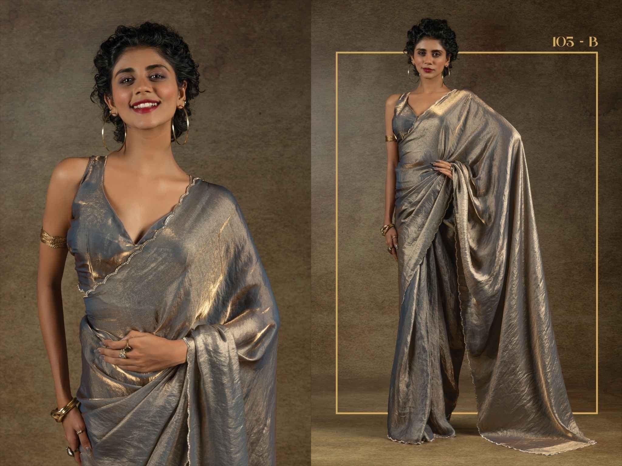 Silver Grey Metallic Satin Silk Saree with Delicate Trim Border