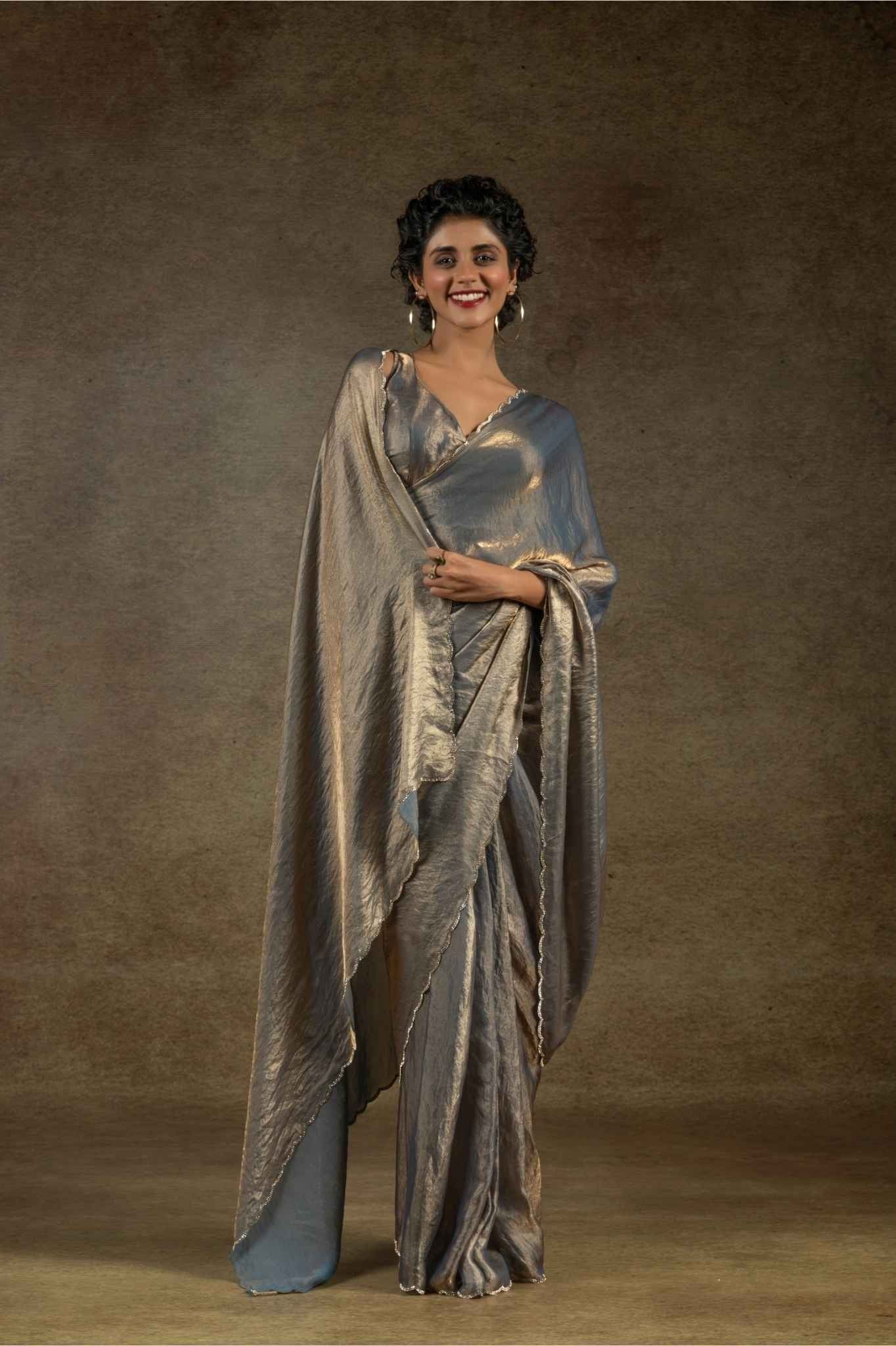 Silver Grey Metallic Satin Silk Saree with Delicate Trim Border