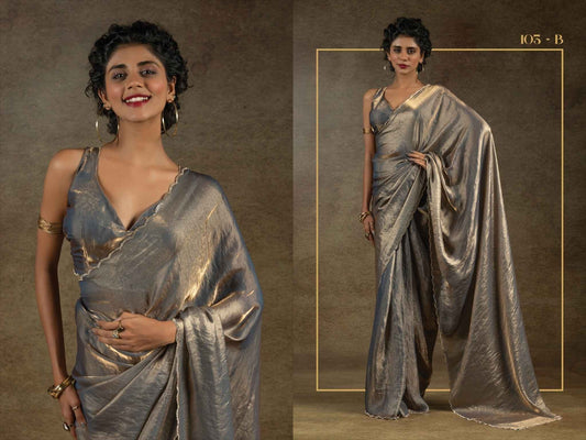 Silver Grey Metallic Satin Silk Saree with Delicate Trim Border