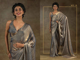 Silver Grey Metallic Satin Silk Saree with Delicate Trim Border