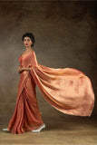 Luxurious Coral Shimmer Silk Saree with Gold Border and Designer Blouse