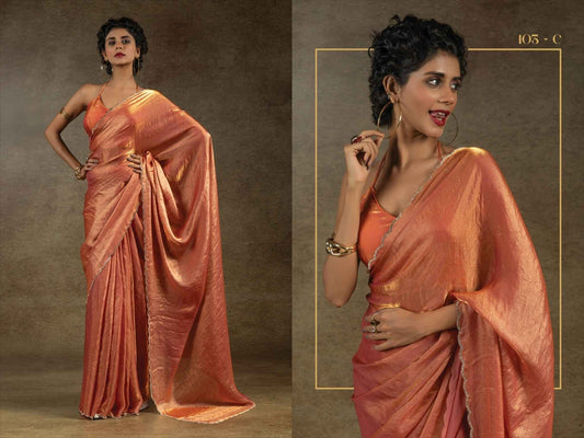 Luxurious Coral Shimmer Silk Saree with Gold Border and Designer Blouse
