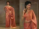 Luxurious Coral Shimmer Silk Saree with Gold Border and Designer Blouse