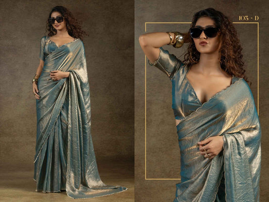 Luxurious Teal & Gold Metallic Silk Saree with Designer Blouse - Contemporary Chic