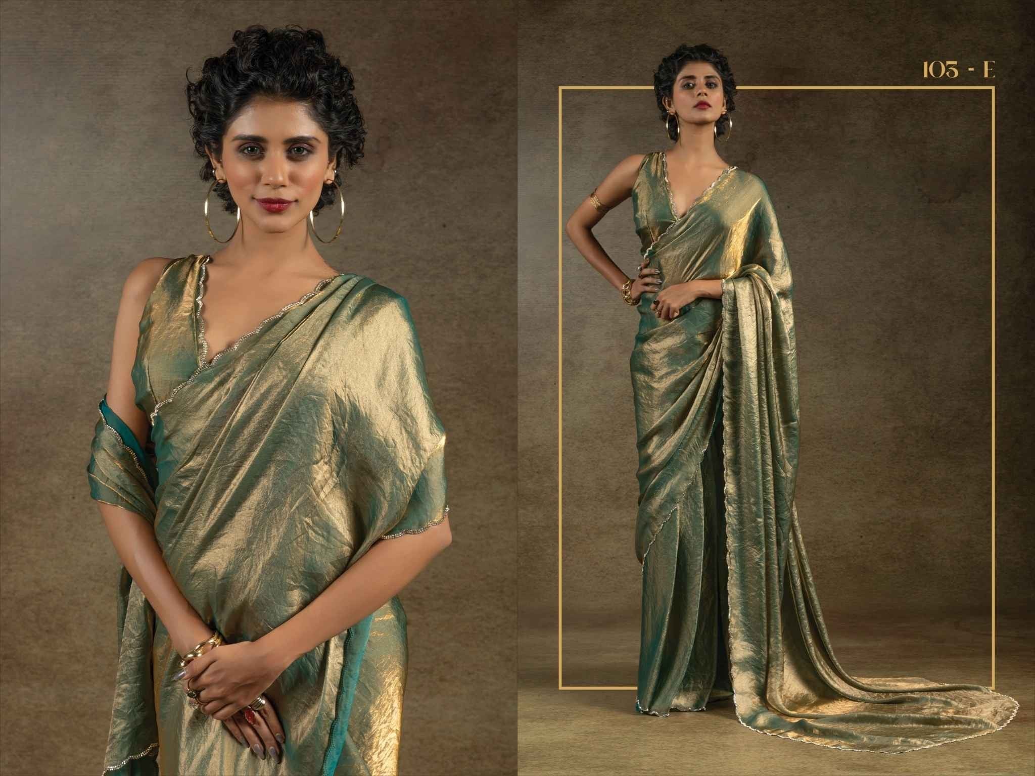 Emerald Green & Gold Dual-Tone Metallic Silk Saree with Designer Sleeveless Blouse