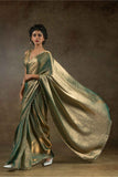 Emerald Green & Gold Dual-Tone Metallic Silk Saree with Designer Sleeveless Blouse