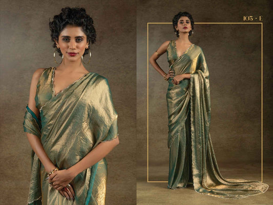 Emerald Green & Gold Dual-Tone Metallic Silk Saree with Designer Sleeveless Blouse