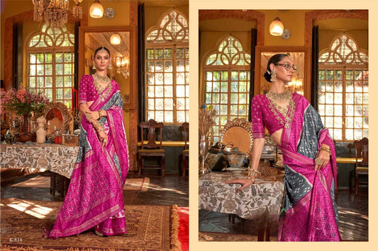 Pink & Grey Patola Silk Saree with Blouse