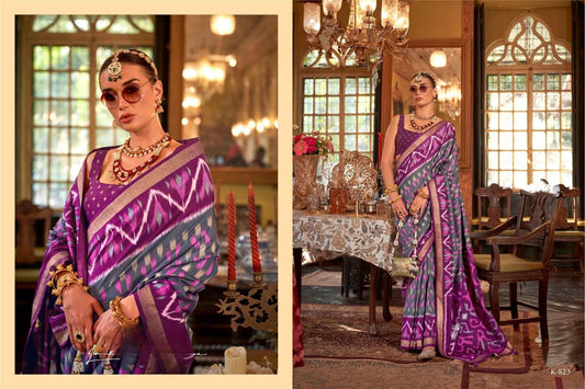 Royal Purple Double Ikat Pure Patola Silk Saree with Multi-Color Geometric Patterns