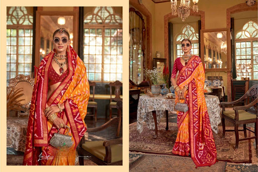 Sunset Orange-Red Pure Patola Silk Saree with Traditional Double Ikat Design