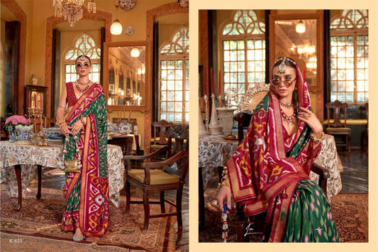 Emerald Green and Ruby Red Pure Patola Silk Saree with Double Ikat Artistry