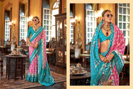 Turquoise Blue and Pink Patola Silk Saree with Geometric Border Design