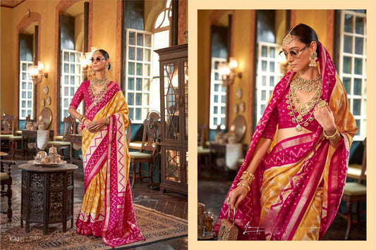 Mustard Yellow and Magenta Pink Patola Silk Saree with Zigzag Border