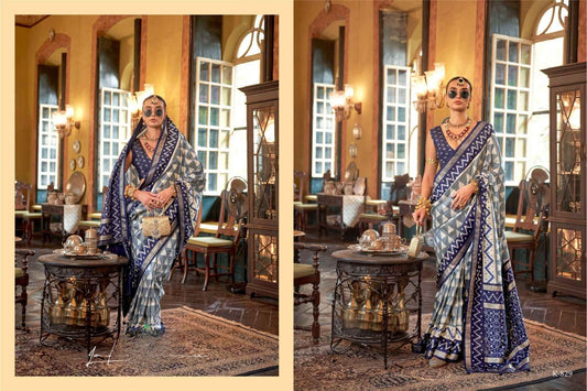 Silver Grey and Navy Blue Patola Silk Saree with Diamond Pattern