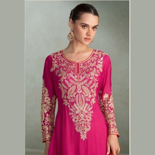 Magenta Real Chinon Palazzo Suit with Orange Dupatta