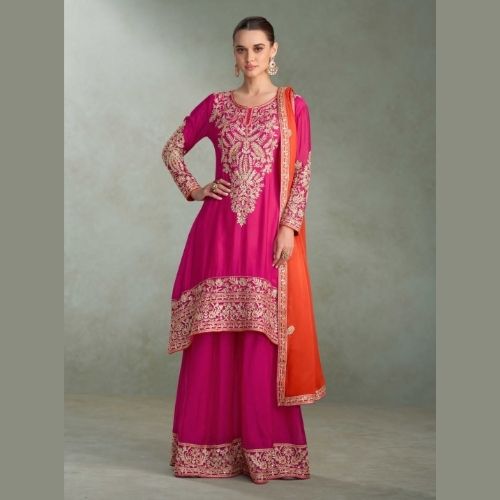 Magenta Real Chinon Palazzo Suit with Embroidered Dupatta