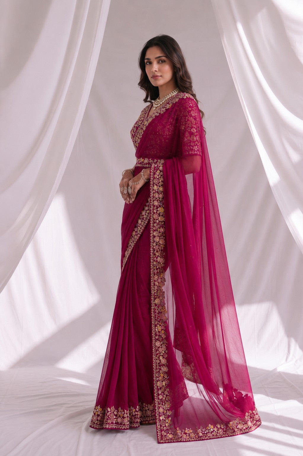 Magenta Ready to Wear Embroidered Designer Saree with Stitched Blouse
