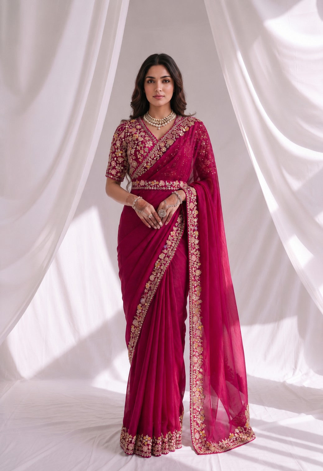 Magenta Ready to Wear Embroidered Designer Saree with Stitched Blouse